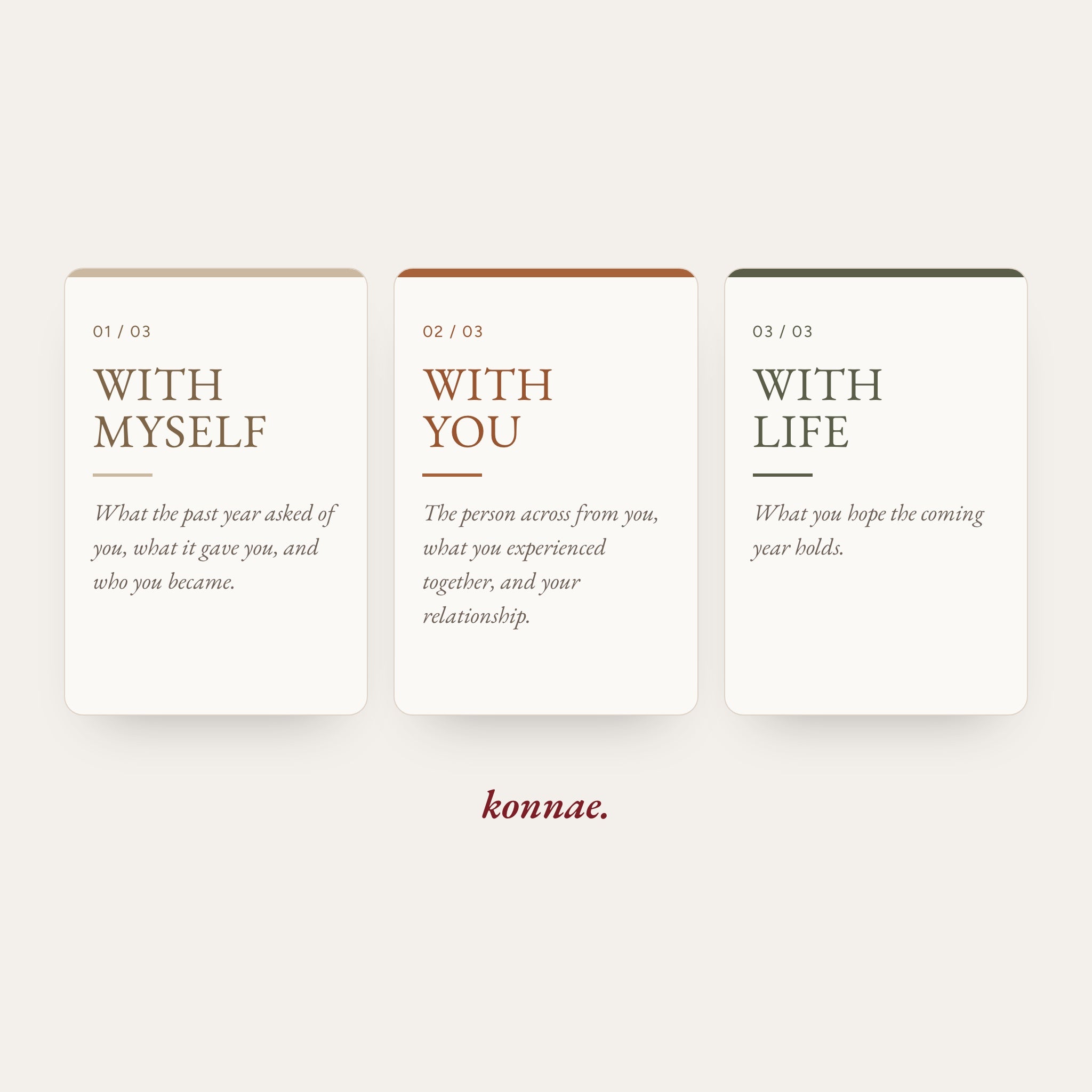 The three parts of the deck: With Myself, With You, With Life