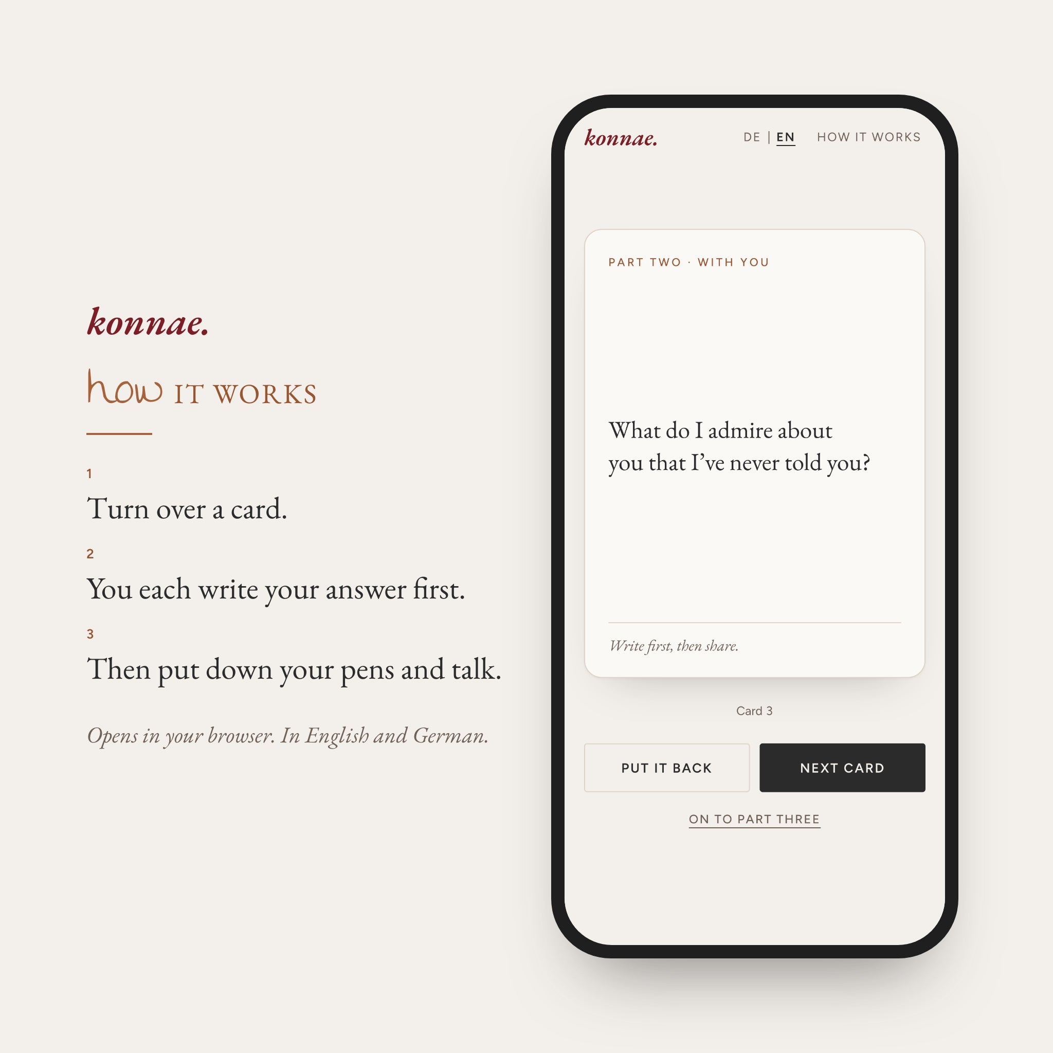 A card from the deck on a phone: What do I admire about you that I’ve never told you?
